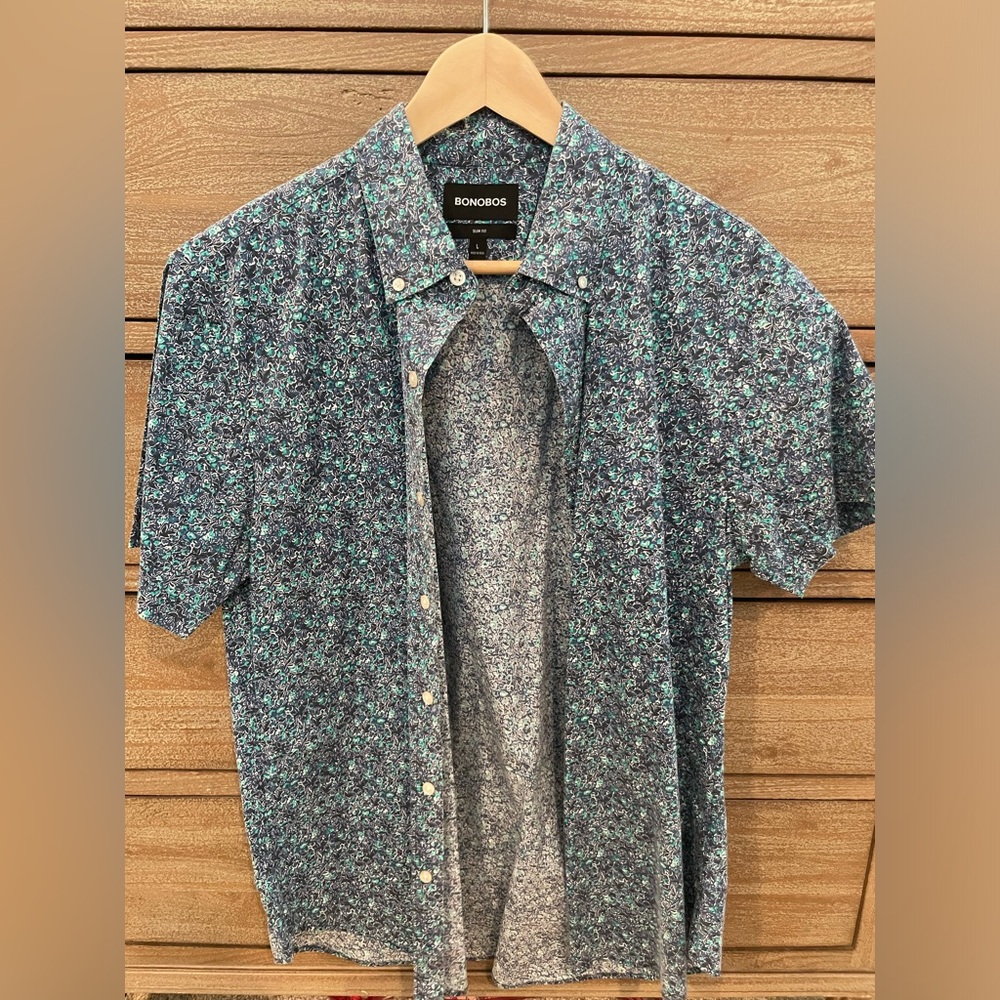 BONOBOS Short Sleeve Button-Up Shirt Slim Fit Blue Large